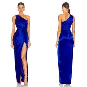 SAU LEE Preston One Shoulder Ruched Draped Maxi Dress in Egyptian Blue Size 4